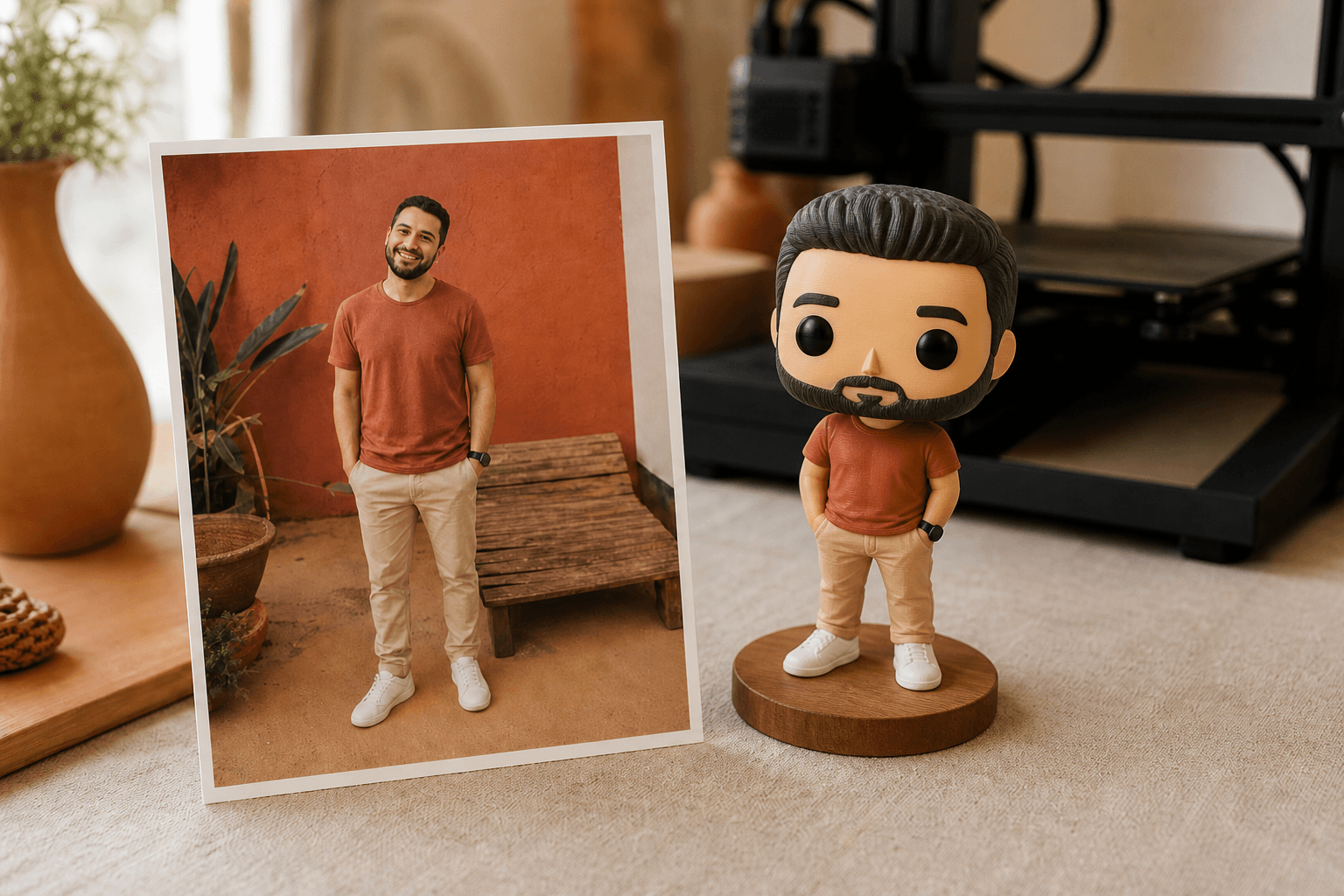 Foto de uma pessoa ao lado do boneco 3D personalizado em estilo Funko Pop