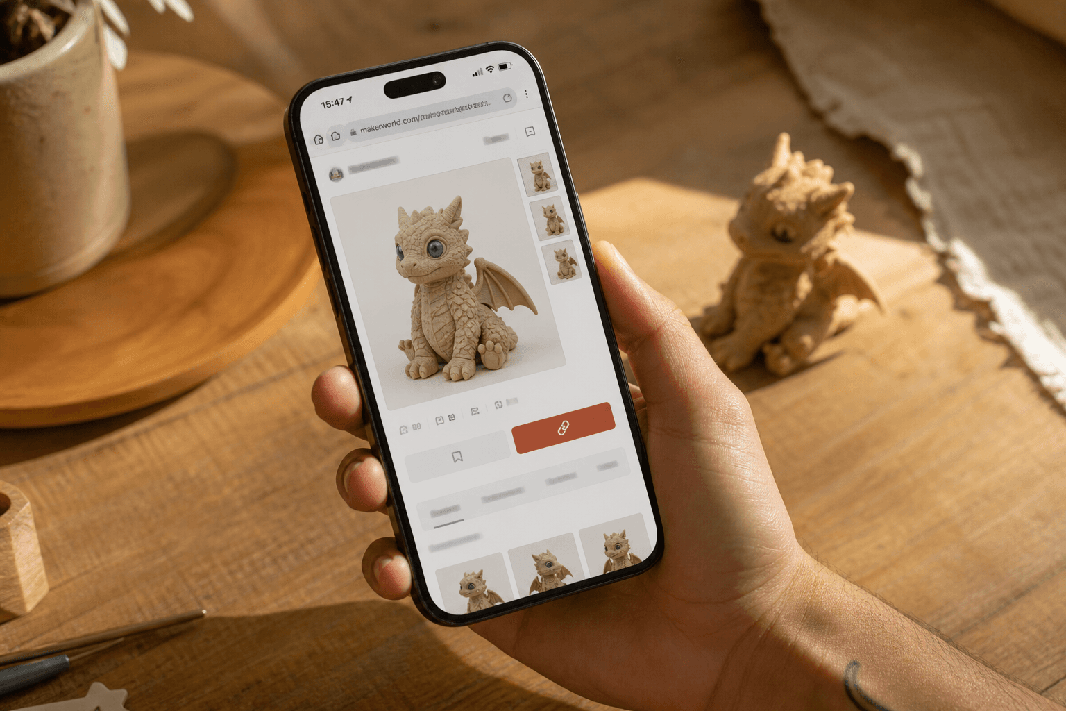 Celular mostrando um modelo 3D com o botão de copiar o link em destaque